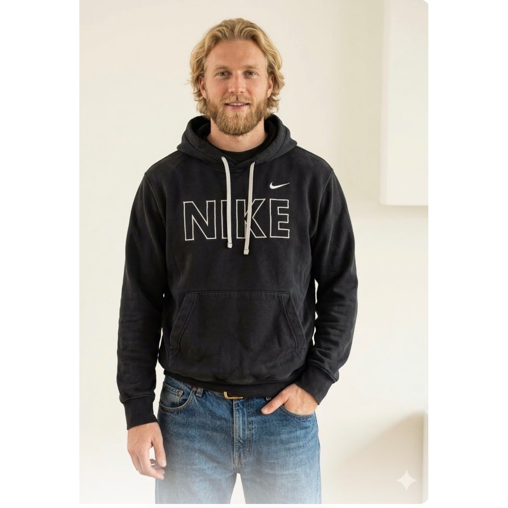 Nike Mens Black Graphic Pullover Hoodie White Outline Logo Swoosh Size M